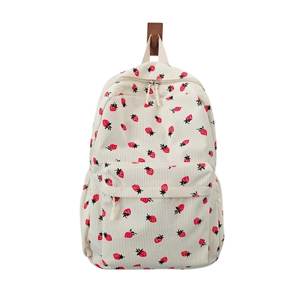 Strawberry Print Backpack Pink Cute Daypack Waterproof Nylon Bag with Laptop Compartment Lightweight Aesthetic Rucksack Adjustable Straps Multi Pocket