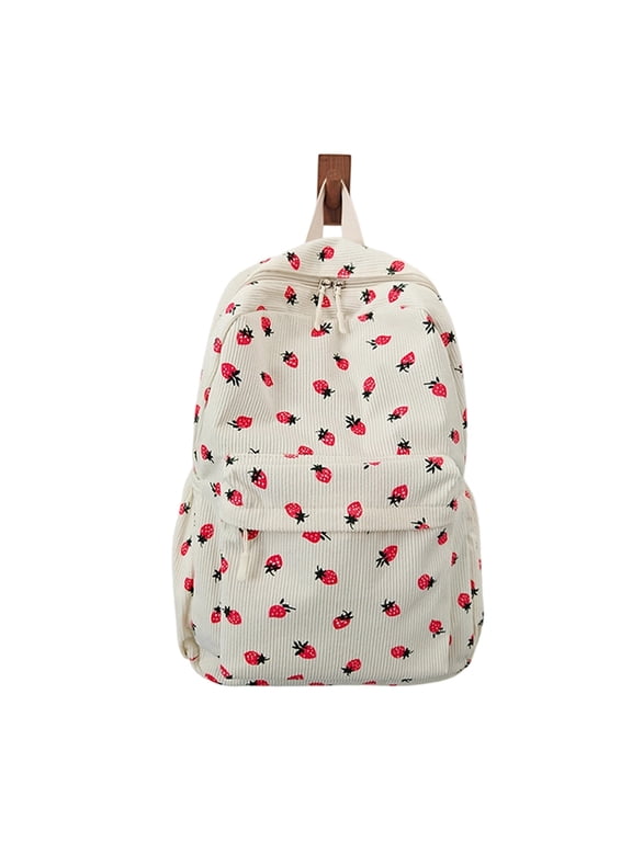 Strawberry Print Backpack Pink Cute Daypack Waterproof Nylon Bag with Laptop Compartment Lightweight Aesthetic Rucksack Adjustable Straps Multi Pocket