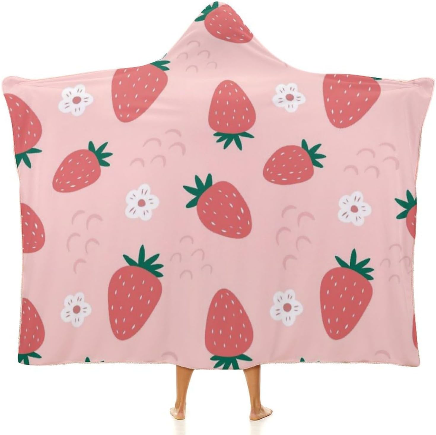 Throwing Robe Strawberry Print Blanket Wearable Blanket Fleece Hooded Robe Cloak ...