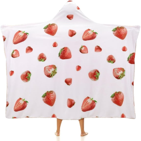 Strawberry Print Blanket Wearable Blanket Fleece Hooded Robe Cloak Throw Quilt Poncho All Season