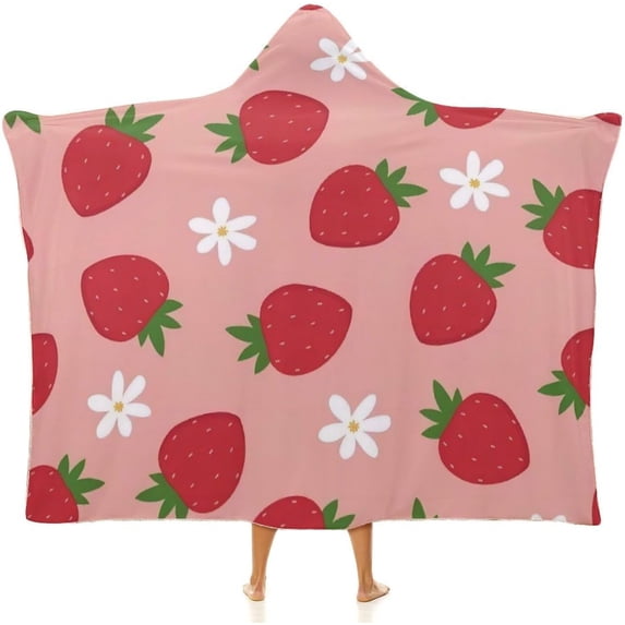 Strawberry Print Blanket Wearable Blanket Fleece Hooded Robe Cloak Throw Quilt Poncho All Season