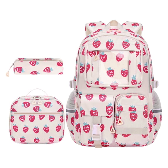 Strawberry Print Canvas Backpack, Aesthetic Nylon Casual Daypack, Cute Rucksack For Travel And Daily Commute (C)