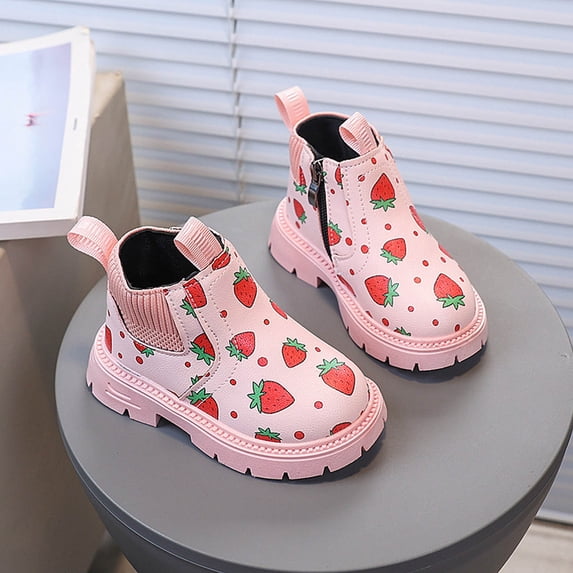 Strawberry Print Chelsea Boots Kids Girls Non-Slip Ankle Booties Side Zipper Pink,Size 28