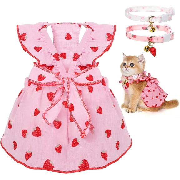 Strawberry Print Pet Collar with Bell and Matching Dress Set for Cats and Small Dogs, Adjustable Cotton Collar with Bow Decorated Outfit(Small size)