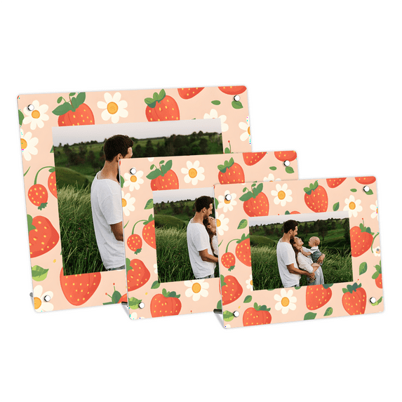 Strawberry Print Photo Frame, Horizontal Tabletop Display for 4x6 5x7 8x10 Pictures, Cute Acrylic Frame with Fruit Pattern