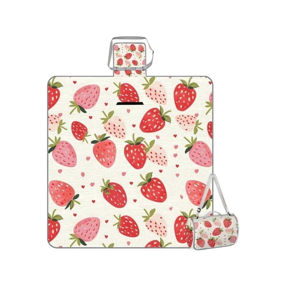 Strawberry Print Picnic Blanket Waterproof Portable Mat 59x57 Inch Sandproof Outdoor Camping Beach Rug With Carry Strap