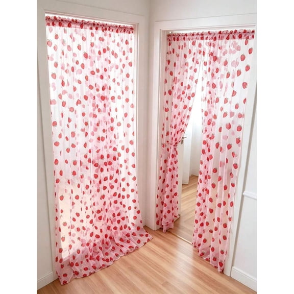 Strawberry Print Sheer Mesh Curtain For Party Backdrop Decoration