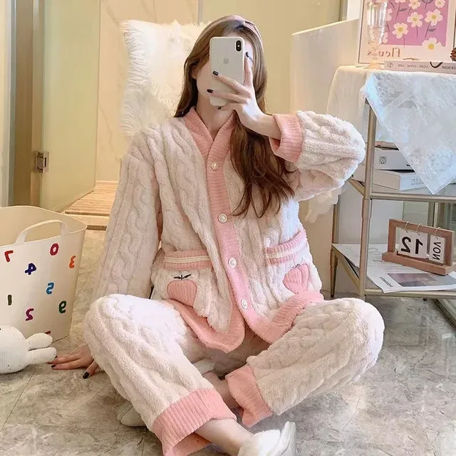 Strawberry Print Sleepwear Women Pajamas Set Winter Fleece Velvet 2 Pieces Home Suit Sleep Fluffy Korean Piiama Warm Night Wear Walmart