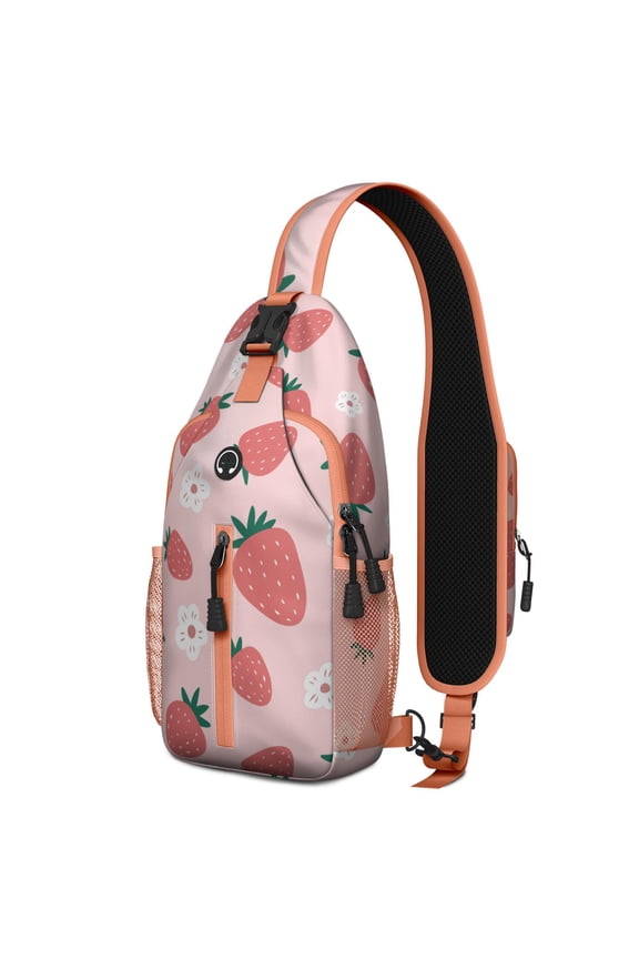 Strawberry Print Sling Backpack, Cute Red Berry Crossbody Daypack with Sweet Fruity Pattern for Strawberry Lover, Summer Fresh and Kawaii Style