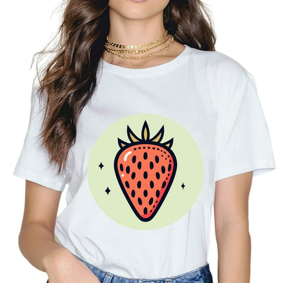 Strawberry Printed Graphic Round Neck white T-Shirt Top Short Sleeve