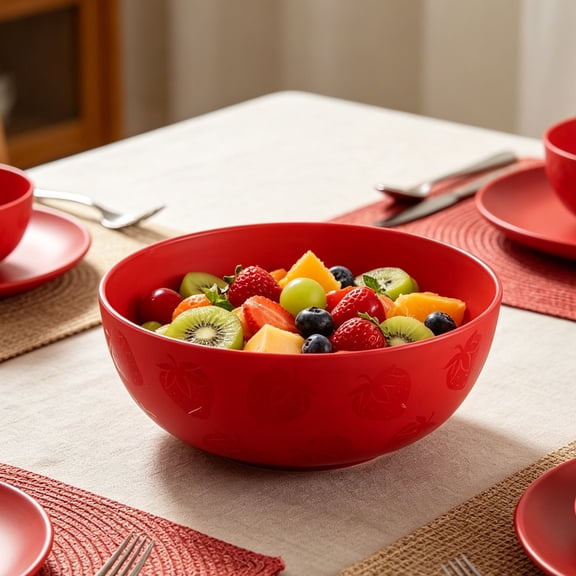 Strawberry Printed Plastic Bowl 17.15 cm - Bright Red Round Bowl for Cereal, Snacks, Fruit - Easy to Clean - Compact & Stackable for Kitchen Storage