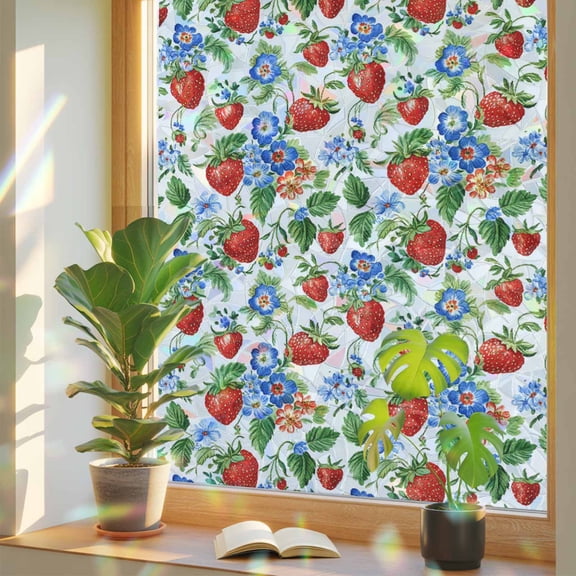 Strawberry Privacy Window Film, Decorative Stained Glass Window Film, Summer Botanical Blue Spring Floral Resuable Rainbow Static Cling for Home Bathroom Living Room Glass Door 35.4"x78.7"