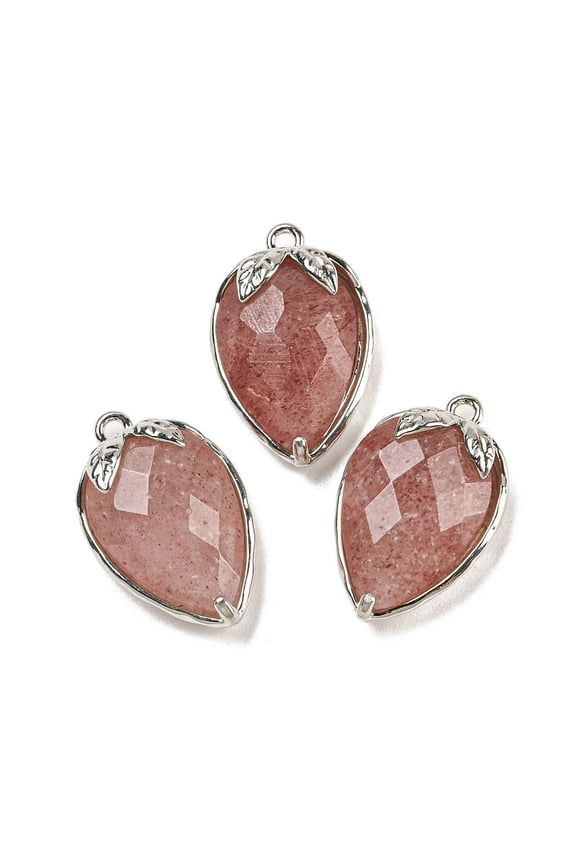 Strawberry Quartz Faceted Pendants Rack Plating Brass Strawberry Charms Platinum 18x11x5~5.5mm Hole: 1.2mm