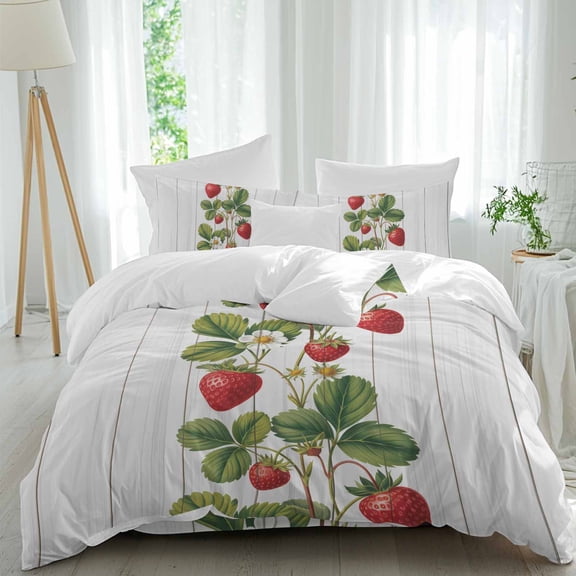 Strawberry Queen Size Comforter Set, Vintage Country Strawberry Leaf White Wood Grain Bedding for All Seasons, 4 Pcs Bed Set, 1Quiltcover (90"x92") ,1Sheet(94"x116"), 2Pillowcases (30"x20")