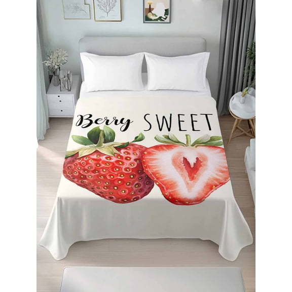 Strawberry Queen Size Flat Sheet, Wrinkleproof & Fadeproof Cooling Flat Bed Sheet Only, Red Summer Fruits Green Botanical Breathable Soft Bedding Top Sheets 90 x 102 Inches