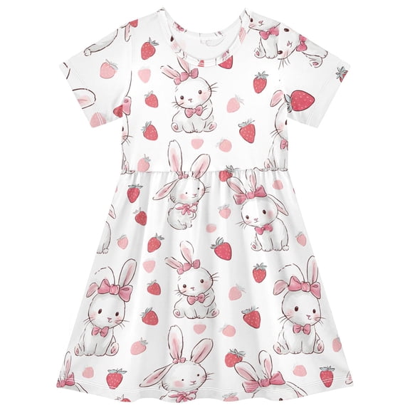 Strawberry Rabbit Short Sleeve Dress A-Line Cute Midi Casual Sundress 2-8 Years