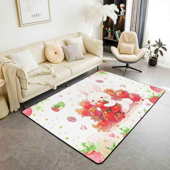 Strawberry Rabbit Ultra Soft Rugs,Cartoon Kawaii Animal Sweet Fruits Non-Slip Rugs For Playroom Bedroom Decor,Pink Hearts Golden Sequins Glitter Indoor Mat Rug 5x7ft