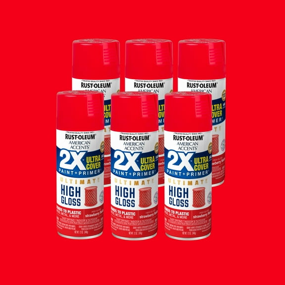 6 Pack, Strawberry Red Rust-Oleum American Accents 2X Ultra Cover Hi-Gloss Spray Paint-328395, 12 oz