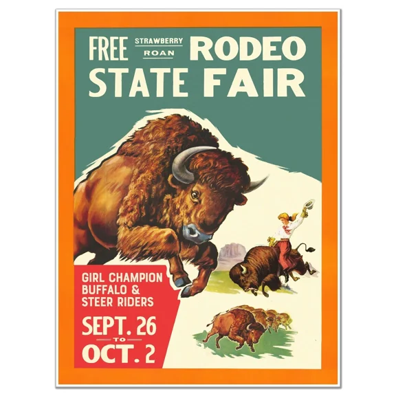 Strawberry Roan State Fair Rodeo Poster Girl Champion Buffalo & Steer Riders Home Decor Office Wall Art