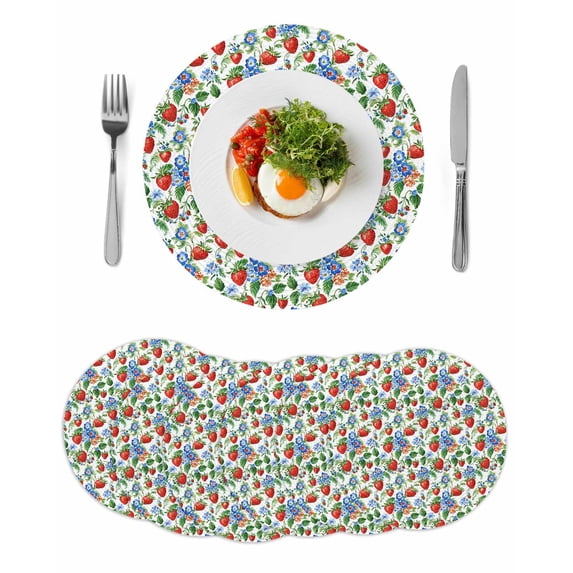 Strawberry Round 13 Inch Placemats Set of 6, Summer Botanical Blue Spring Floral HeatResistant Non Slip Place Mats for Dining Table, Wipeable Braided Kitchen Table Mats for Housewarming