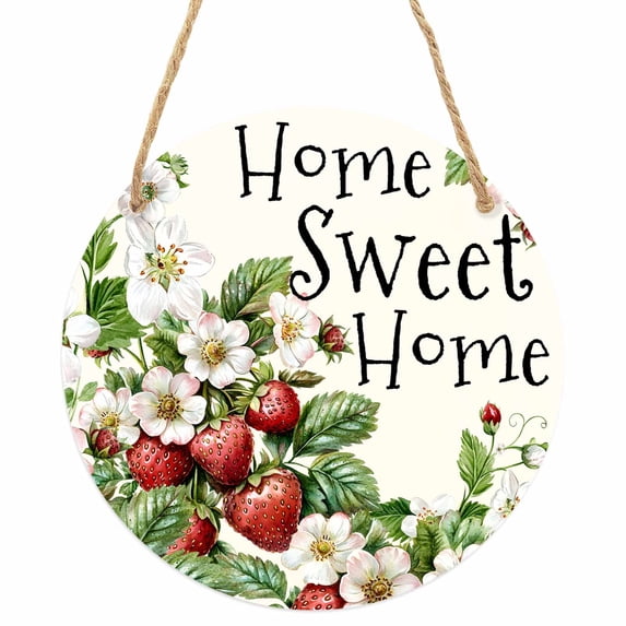 Strawberry Round Front Door Welcome Sign, 5.9 Inch Wall Hanging Decor for Indoor Outdoor, Summer Fruits Spring Floral Botanical Home Porch Hanger Decorations for Holiday Gift