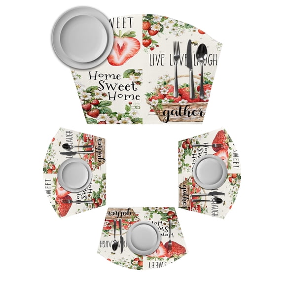 Strawberry Round Table Placemats Set of 2 Wedge Placemats, Summer Fruits Green Botanical Floral Place Mats for Dining Table Set Washable Mats Kitchen Decor for Indoor Outdoor Wipe Clean