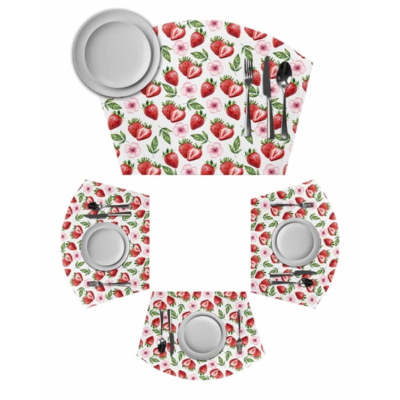 Strawberry Round Table Placemats Set of 2 Wedge Placemats, Tropical Summer Red Fruit Cherry Blossoms Place Mats for Dining Table Set Washable Mats Kitchen Decor for Indoor Outdoor Wipe Clean