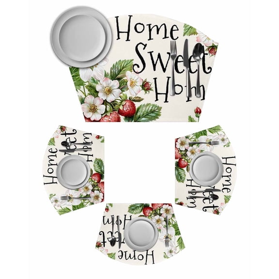 Strawberry Round Table Placemats Set of 4 Wedge Placemats, Summer Fruits Spring Floral Botanical Place Mats for Dining Table Set Washable Mats Kitchen Decor for Indoor Outdoor Wipe Clean