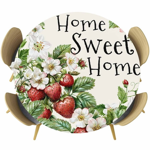 Strawberry Round Tablecloth 45-54 Inch Round Fitted Table Cloth with Elastic Edge, Summer Fruits Spring Floral Botanical Waterproof Table Cover Protector for Outdoor Picnic Party Dining