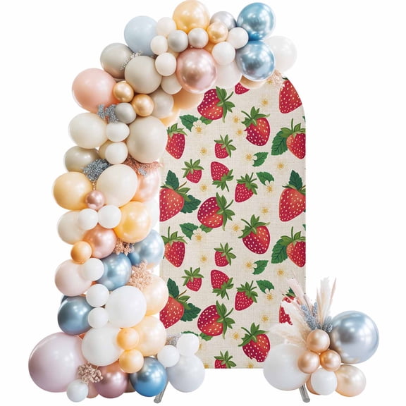 Strawberry Rustic Arch Backdrop Cover, Spandex Fitted Wedding Arch Cover, Beige Spring Summer Floral Fruit Round Top Stand Covers for Birthday Ceremony Bridal Shower Party Decor 5x2.1 Ft