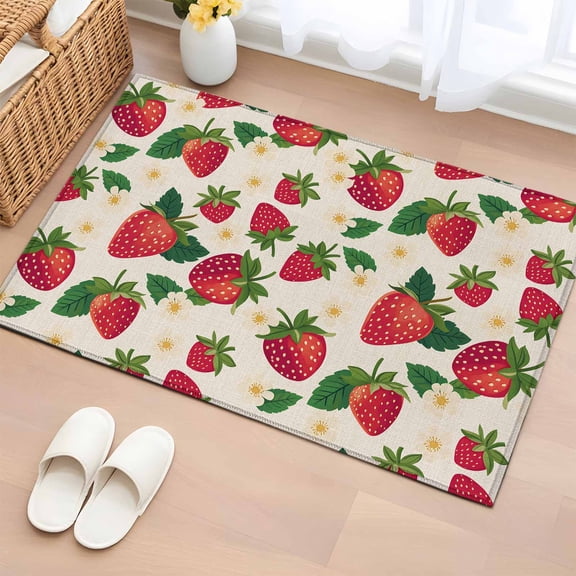Strawberry Rustic Bathroom Rug Washable 2x3 Entryway Rug Non Slip Beige Spring Summer Floral Fruit Front Door Mat Low Pile Indoor Doormat Throw Floor Carpet for Kitchen Bedroom Entrance