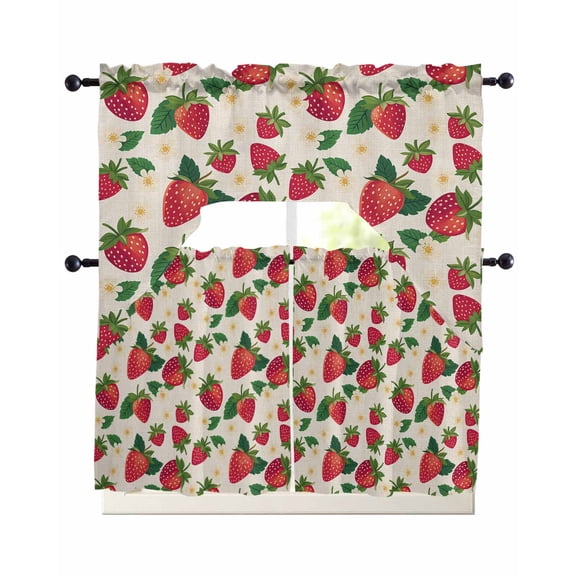 Strawberry Rustic Kitchen Curtains Set for Windows 3 Piece Cafe Curtains 24 Inch Length Swag Curtains Valances and Tier Set Beige Spring Summer Floral Fruit Drapes for Bedroom Bathroom Living Room