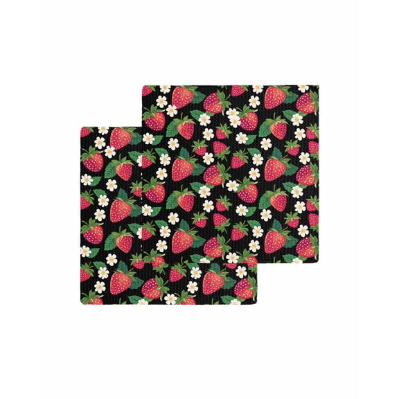 Strawberry Rustic Kitchen Dish Towels for Drying Dishes Set of 2, Black Spring Summer Floral Fruit Waffle Weave Microfiber Terry Hand Tea Bathroom Towels Quick Dry & Absorbent Towel 12x12