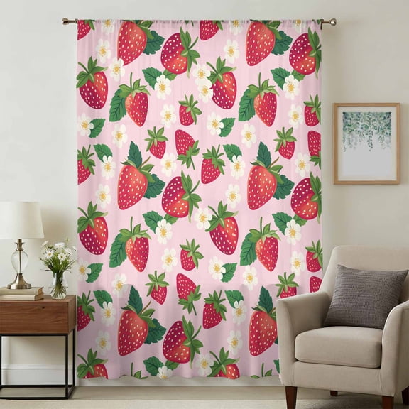 Strawberry Rustic Sheer Curtains 45 Inches Long, Pink Spring Summer Floral Fruit Light Filering Curtains, Breathable Simi Curtain Privacy Drapes for Kitchen Bathroom Small Window Treatment