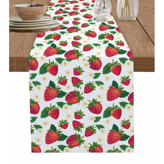 Strawberry Rustic Table Runner 70 Inches, Spring Summer Floral Fruit Bed Runner Dresser Scarves Tabletop for Indoor Outdoor Parties/Ceremony/Banquet, 13" x 70"