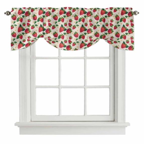 Strawberry Rustic Tie Up Valance Curtains for Windows, Kitchen Curtains Window Treatments, Beige Spring Summer Floral Fruit Short Window Shades Valances for Bedroom Bathroom Cafe 54"x18"