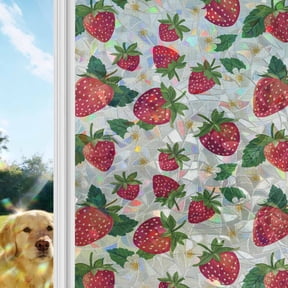 Strawberry Rustic Window Privacy Film Stain Glass,Reusable Decorative Rainbow Window Film,Beige Spring Summer Floral Fruit Static Cling Sun Blocking Stickers Decals Covers 17.7" x 39.3" (2pcs)