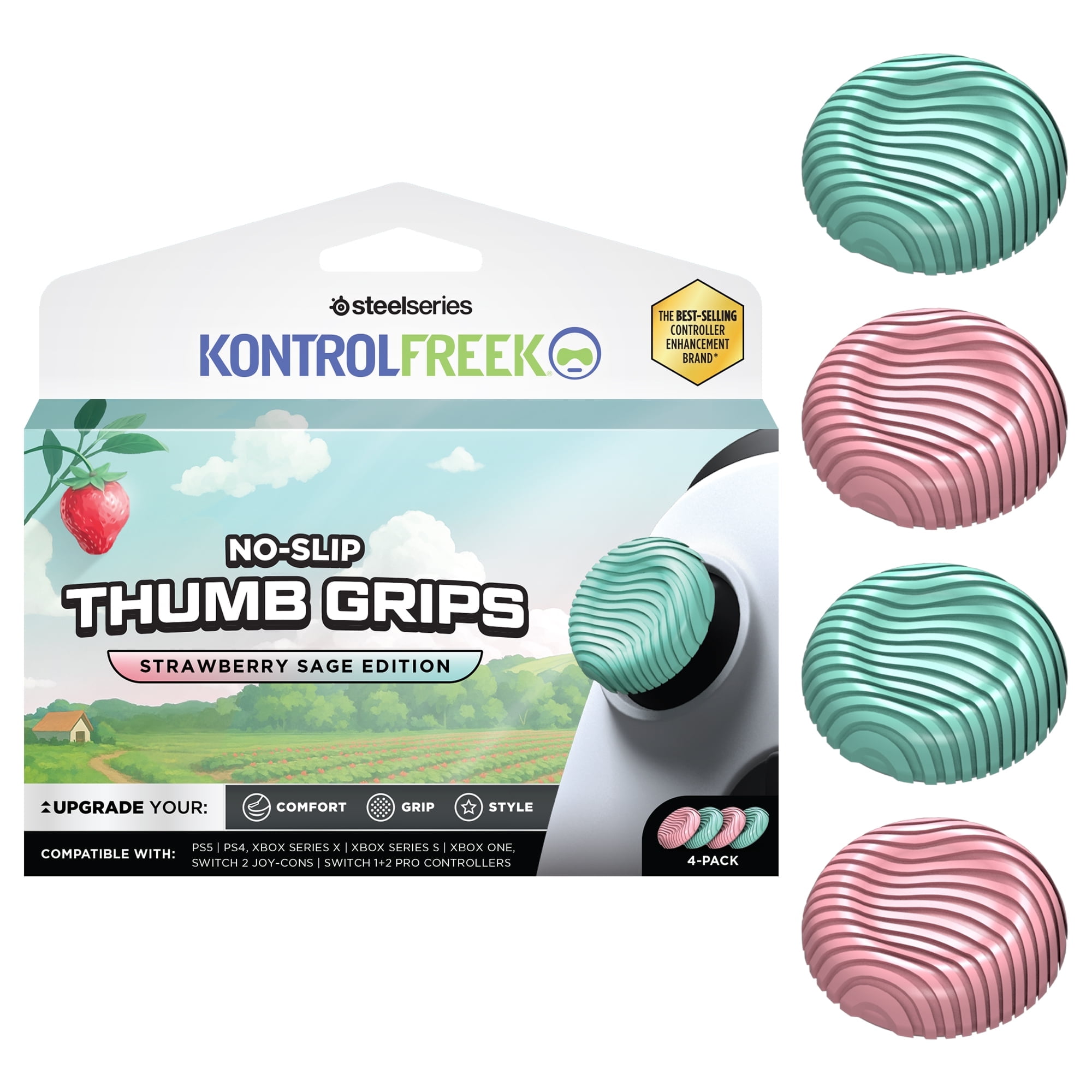 KontrolFreek No-Slip Thumb Grips Strawberry Sage Edition for Nintendo Switch Pro, Switch 2 Joy-Con, PlayStation 4, PlayStation 5, Xbox One & Xbox Series X|S Controller | 4-Pack | Pink/Gr