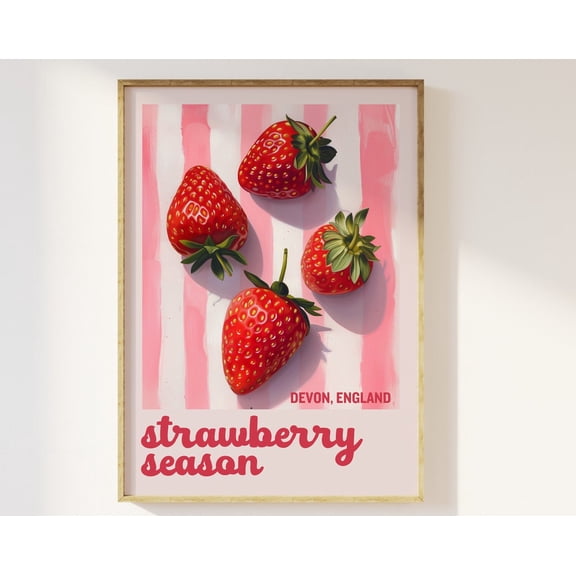 Strawberry Season Pink Aesthetic Print - Pink And White Pastel Stripes, Trendy Feminine Delicious Fruits, Kitchen Dining Room Summer Retro Wall Art, Modern Wall Decor, 8x12 UNFRAMED