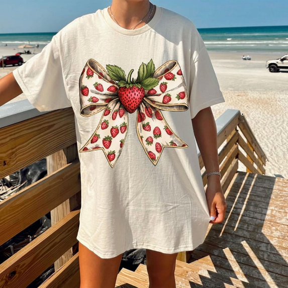 Strawberry Season T-Shirt, Cute Bow Fruit Tee, Summer Aesthetic Shirt, Trendy Strawberry Graphic T-Shirt