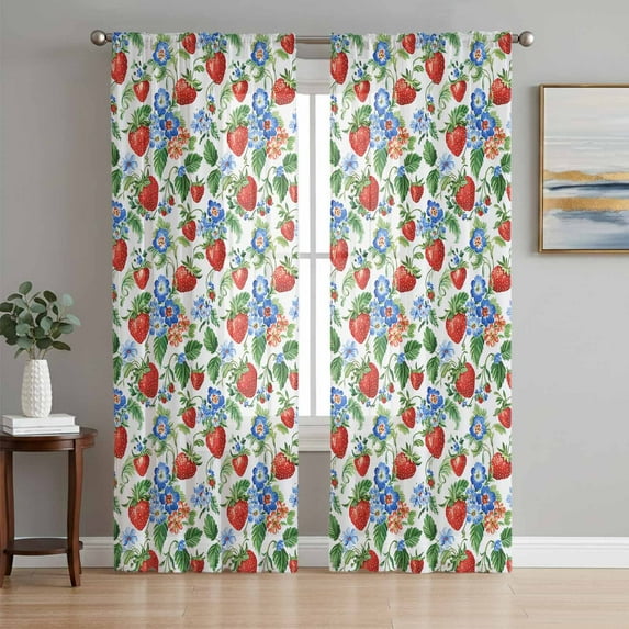 Strawberry Semi Sheer Curtains 96 Inch Length 2 Panels Set, Summer Botanical Blue Spring Floral Sheer Kitchen Curtain Privacy Voile Window Curtain for Living Room Bedroom Rod Pocket Drapes