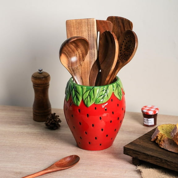 Strawberry Shaped Ceramic Kitchen Utensil Holder, Large Cooking Utensil Crocks for Kitchen Countertop, Ceramic Utensil Organizer for Spatula, Kitchen, Home Decoration-Retro Red