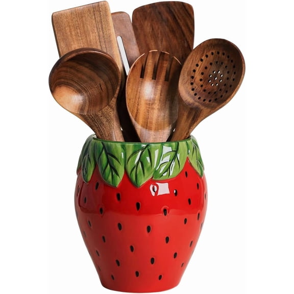 Strawberry Shaped Ceramic Kitchen Utensil Holder, Large Cooking Utensil Crocks for Kitchen Countertop, Ceramic Utensil Organizer for Spatula, Kitchen, Home Decoration-Retro Red