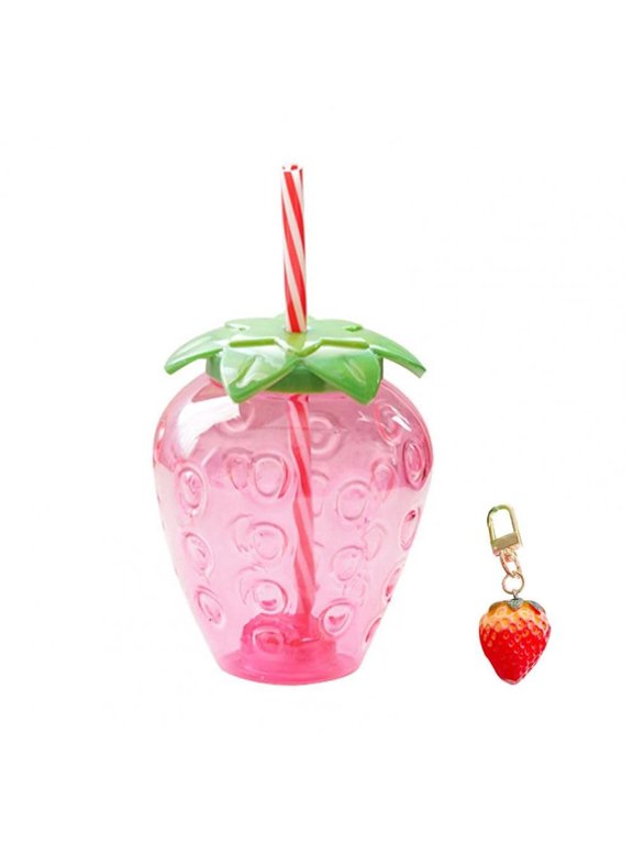 Strawberry Shaped Plastic Cup with Keychain 500ml Tumbler with Lid and Straw