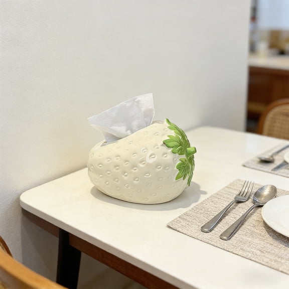 Strawberry Shaped Tissue Box Cover, White PVC Decorative Napkin Holder for Living Room, Kitchen, Dining Table, Cute Home Decor Gift for Women & Gi-rls