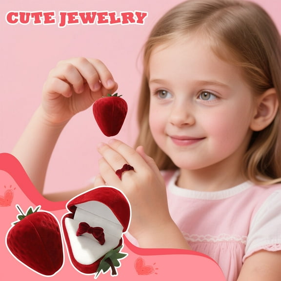Strawberry-Shaped Velvet Ring Box - Adorable Jewelry Gift Box with Bow for Engagement Rings, Proposal & Display