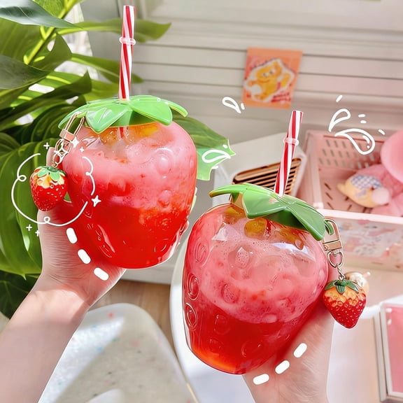 Strawberry Shaped Water Bottle with Built In Straw – Cute Plastic Travel Cup for and Students, Portable Summer Beach and School Drink Tumbler