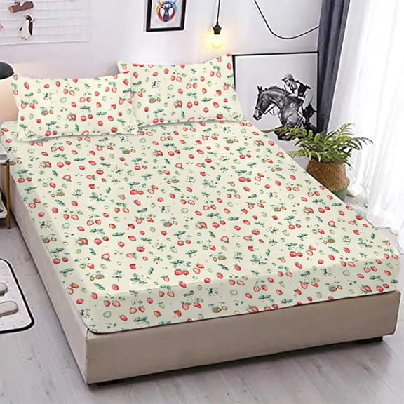 Strawberry Sheets Strawberry Bed Sheet Strawberrys Bed Set Girl Bed Sheets Farmhouse Bedding Set  Sheets Cute Fruit Sheet 1 Deep Pocket Fitted Sheet with 2 Pillowcases ()