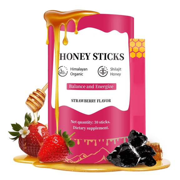 Strawberry Shilajit Honey Sticks for women, blended with Himalayan Shilajit, asparagus root, and saffron to support hormone balance and energy. 30 delicious sticks per pack.