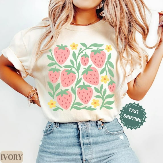 Strawberry Shirt Fruit Graphic Tee Cottagecore T-Shirt Farmers Market Top Garden Girl Tee Strawberry Festival Shirt Gift Unisex S-5XL Hot Trending Shirt, Vintage Birthday Gift